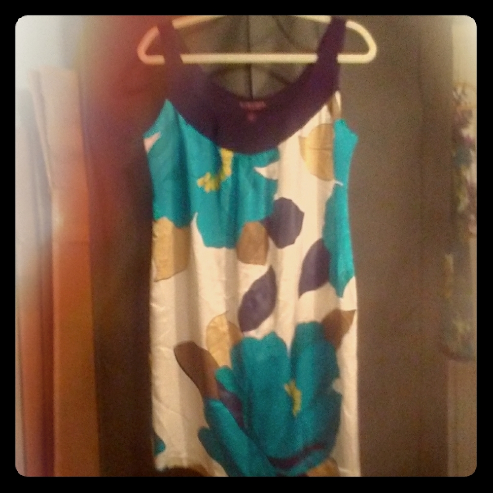 Silky tank dress with aqua flowers Ivory backgroun